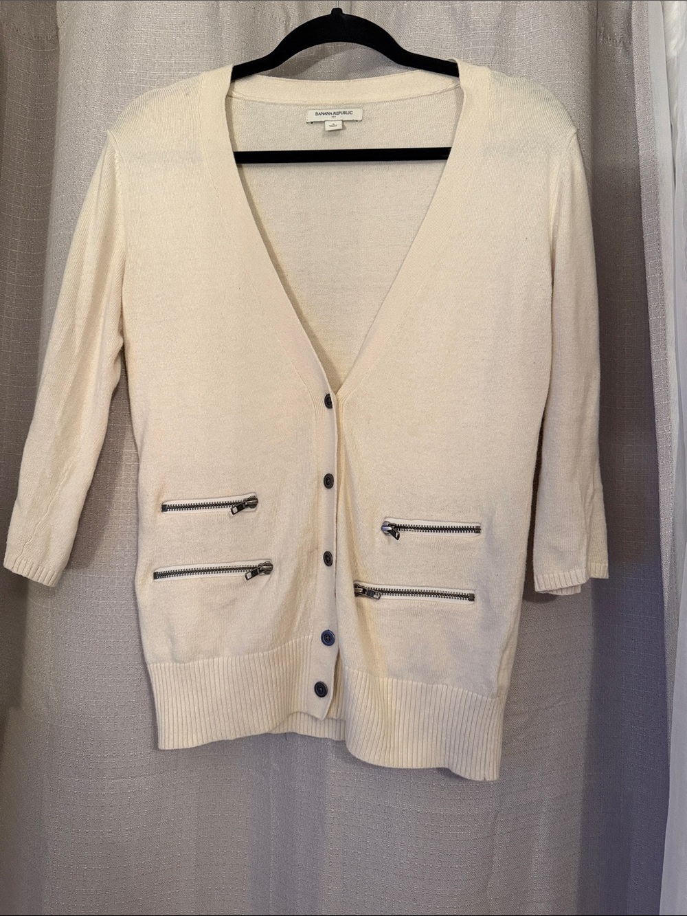 Banana Republic Cream V-Neck Button Cardigan with Zip Pockets